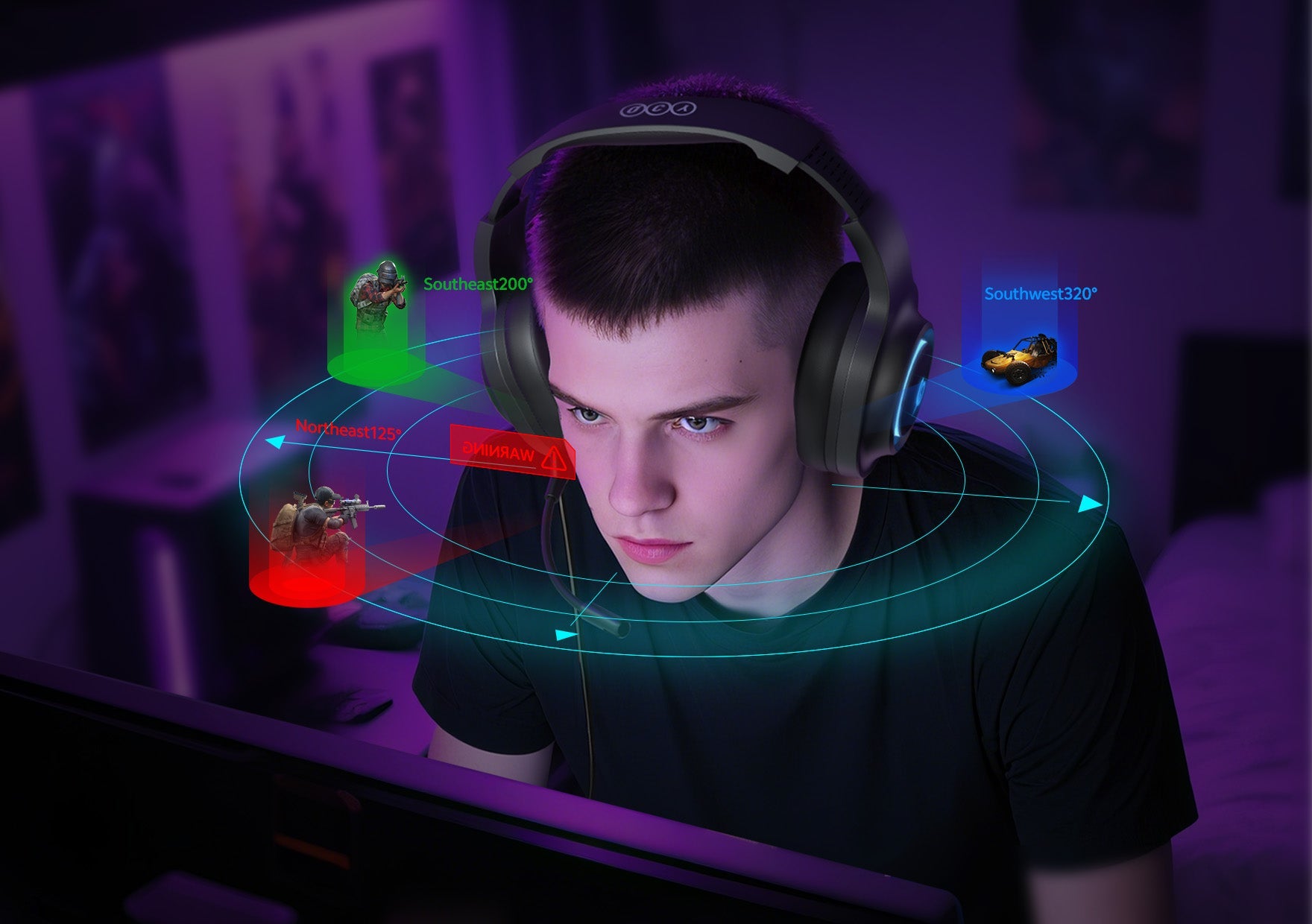 Jogador com fone gamer RGB em ambiente roxo, com interface de áudio 3D mostrando direções e alertas no jogo.