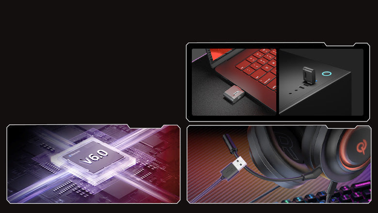Conjunto de acessórios gamer: chip V6.0, teclado RGB, hub USB e fone com microfone para alta performance em jogos.