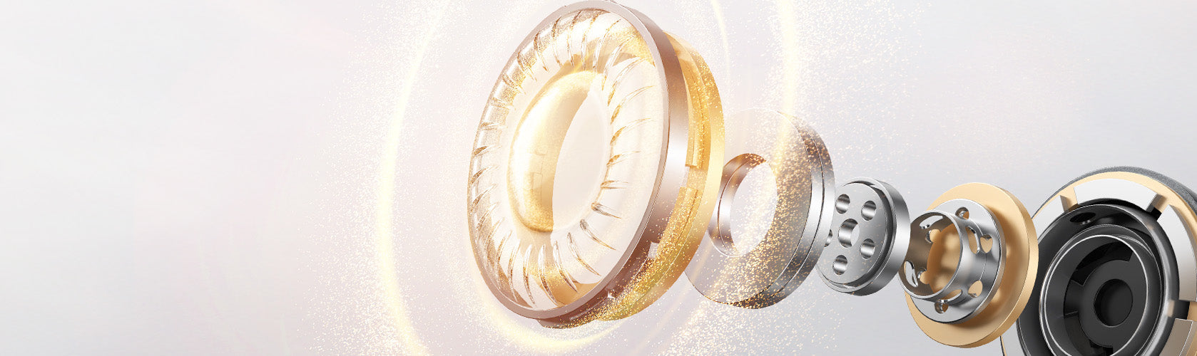 Componentes de alto-falante premium com detalhes em ouro e design moderno para áudio de alta fidelidade.