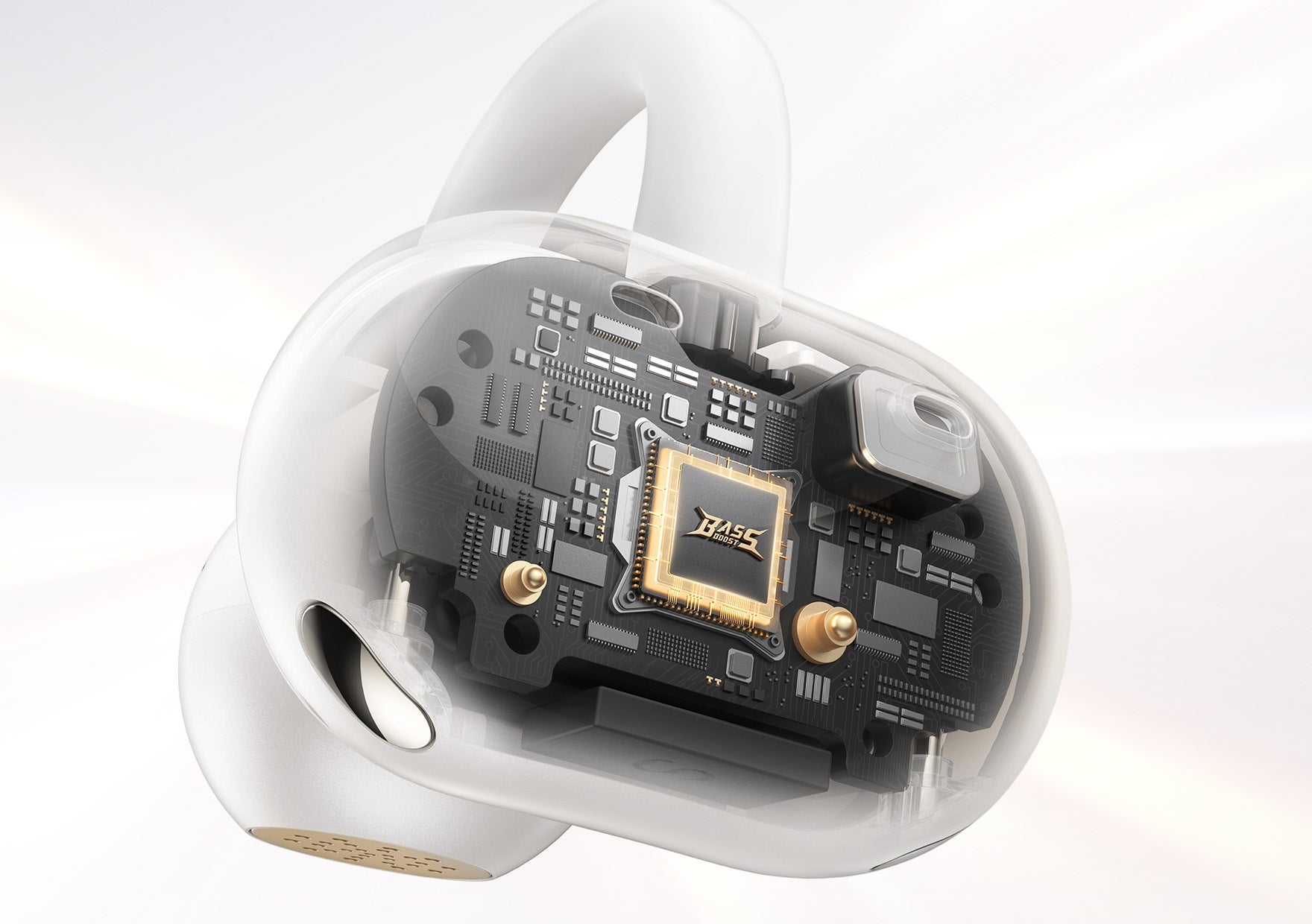 Fone de ouvido sem fio com chip Bass Boost e circuito interno visível, design moderno e tecnologia de áudio avançada.