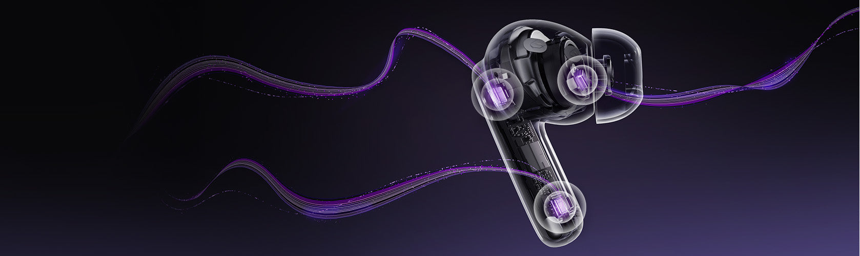 Fone de ouvido sem fio com tecnologia de áudio avançada e design ergonômico, destacando drivers internos e fluxo sonoro em ro
