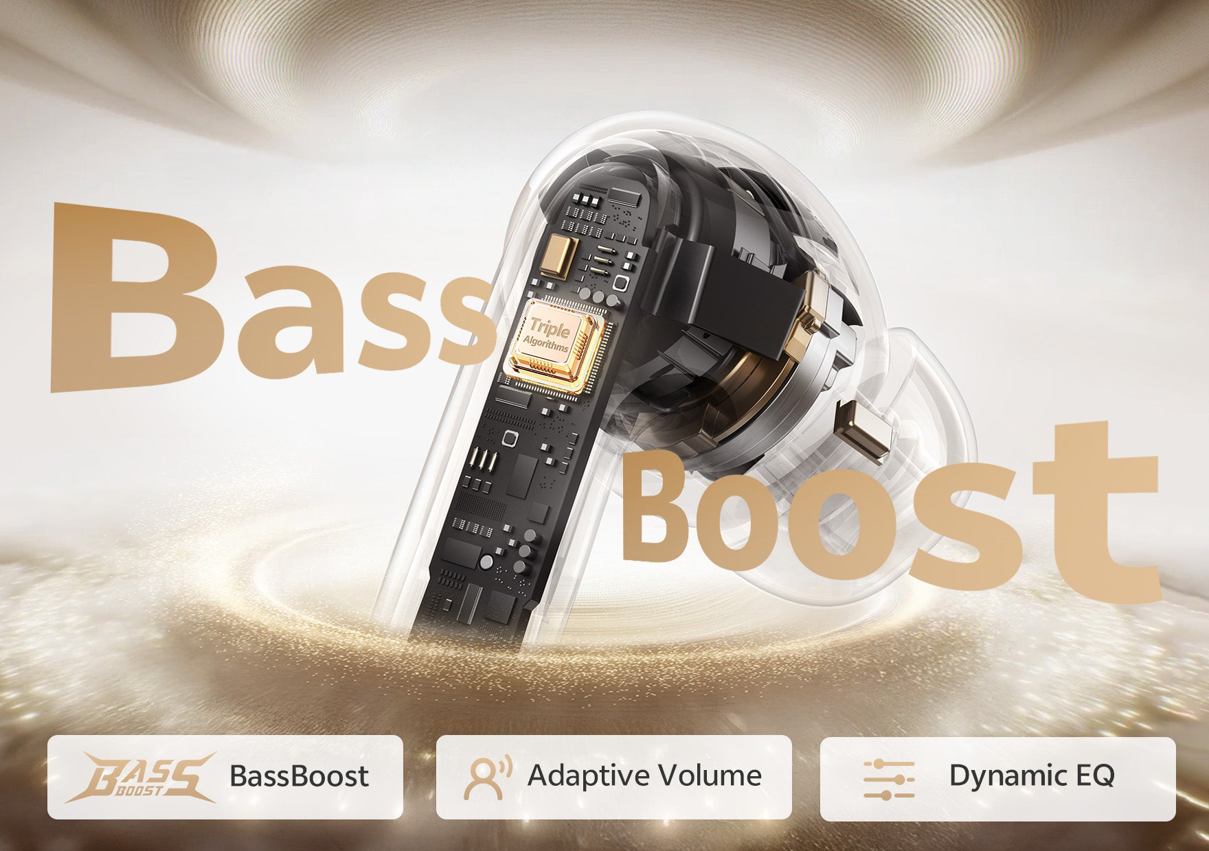 Fone de ouvido com tecnologia BassBoost, Adaptive Volume e Dynamic EQ para som potente e personalizado.