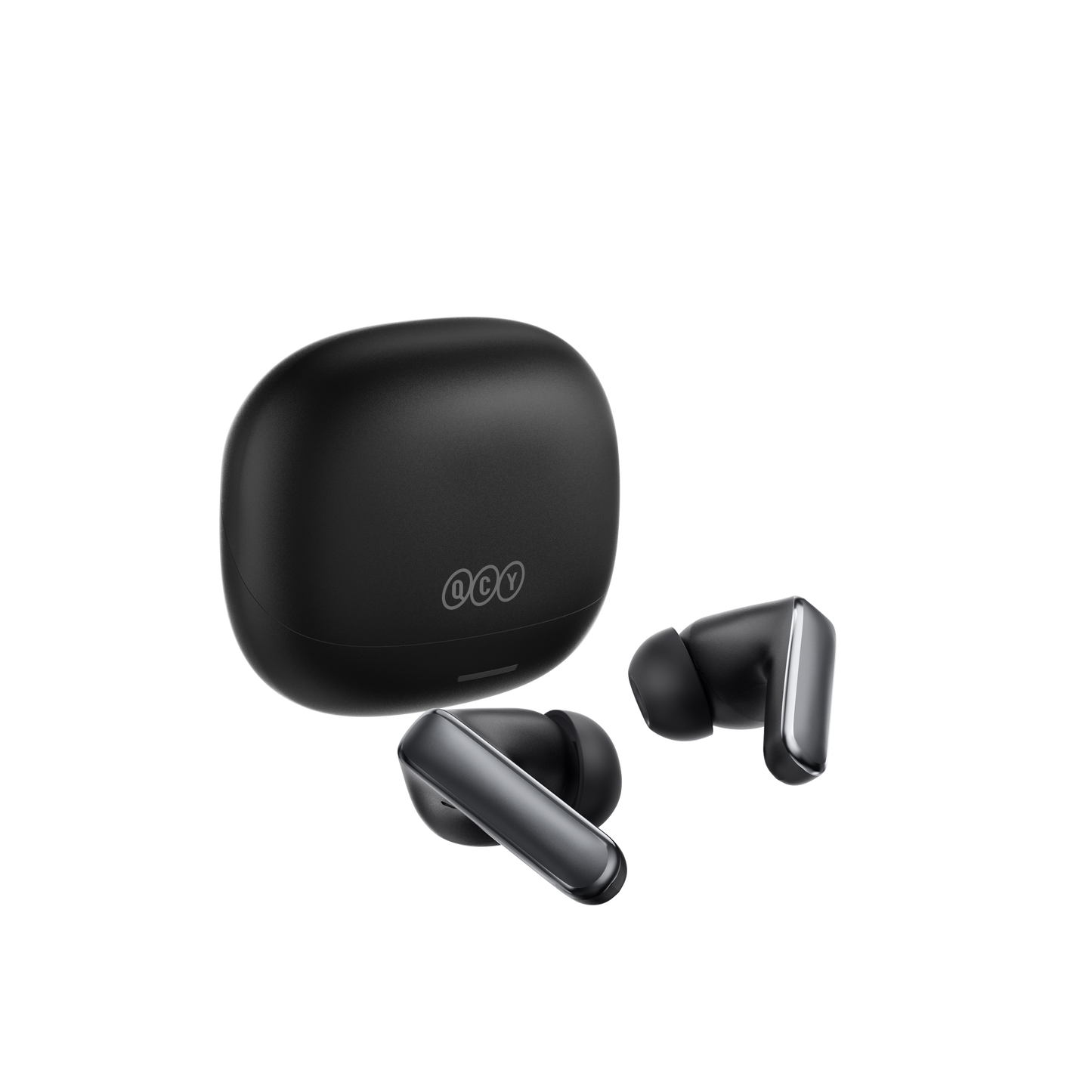 Fones de ouvido QCY MeloBuds N65 com case de carregamento, design moderno e acabamento em preto fosco.