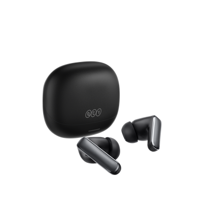 Fones de ouvido QCY MeloBuds N65 com case de carregamento, design moderno e acabamento em preto fosco.