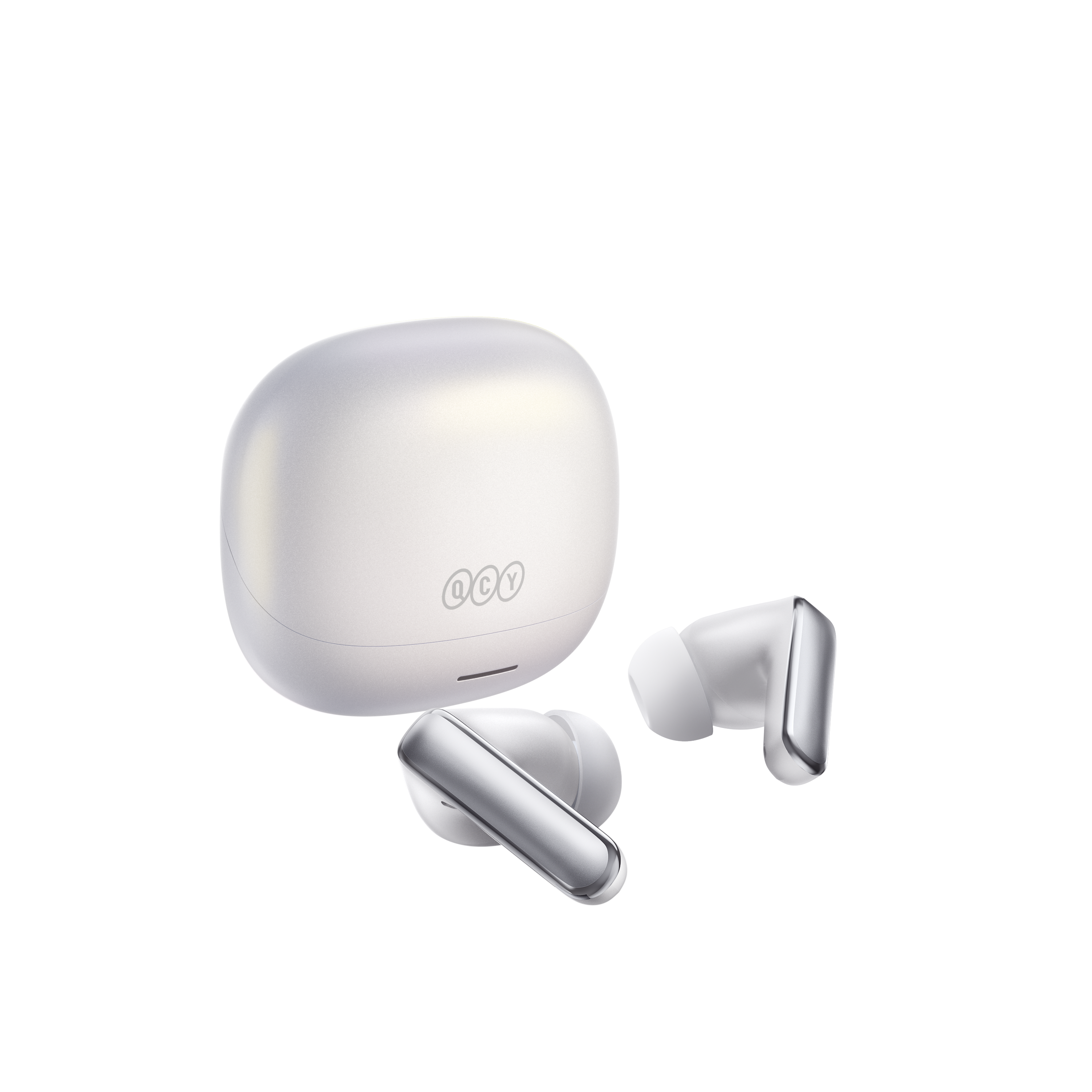 Fones de ouvido sem fio QCY MeloBuds N65 com estojo de carregamento, design moderno e conexão Bluetooth estável.