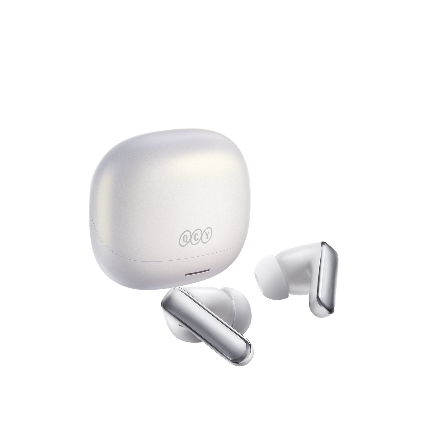 Fones de ouvido sem fio QCY MeloBuds N65 com estojo de carregamento, design moderno e conexão Bluetooth estável.