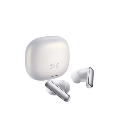 Fones de ouvido sem fio QCY MeloBuds N65 com estojo de carregamento, design moderno e conexão Bluetooth estável.