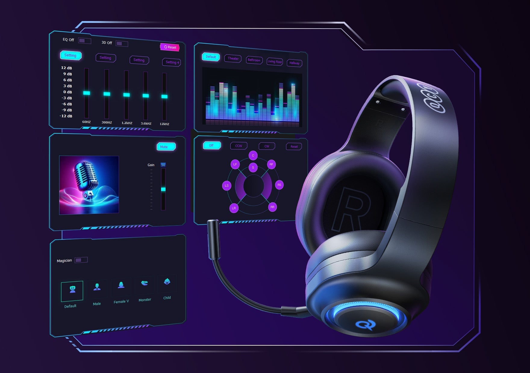 Fone de ouvido gamer com microfone e software de equalização RGB para PC, console e mobile.