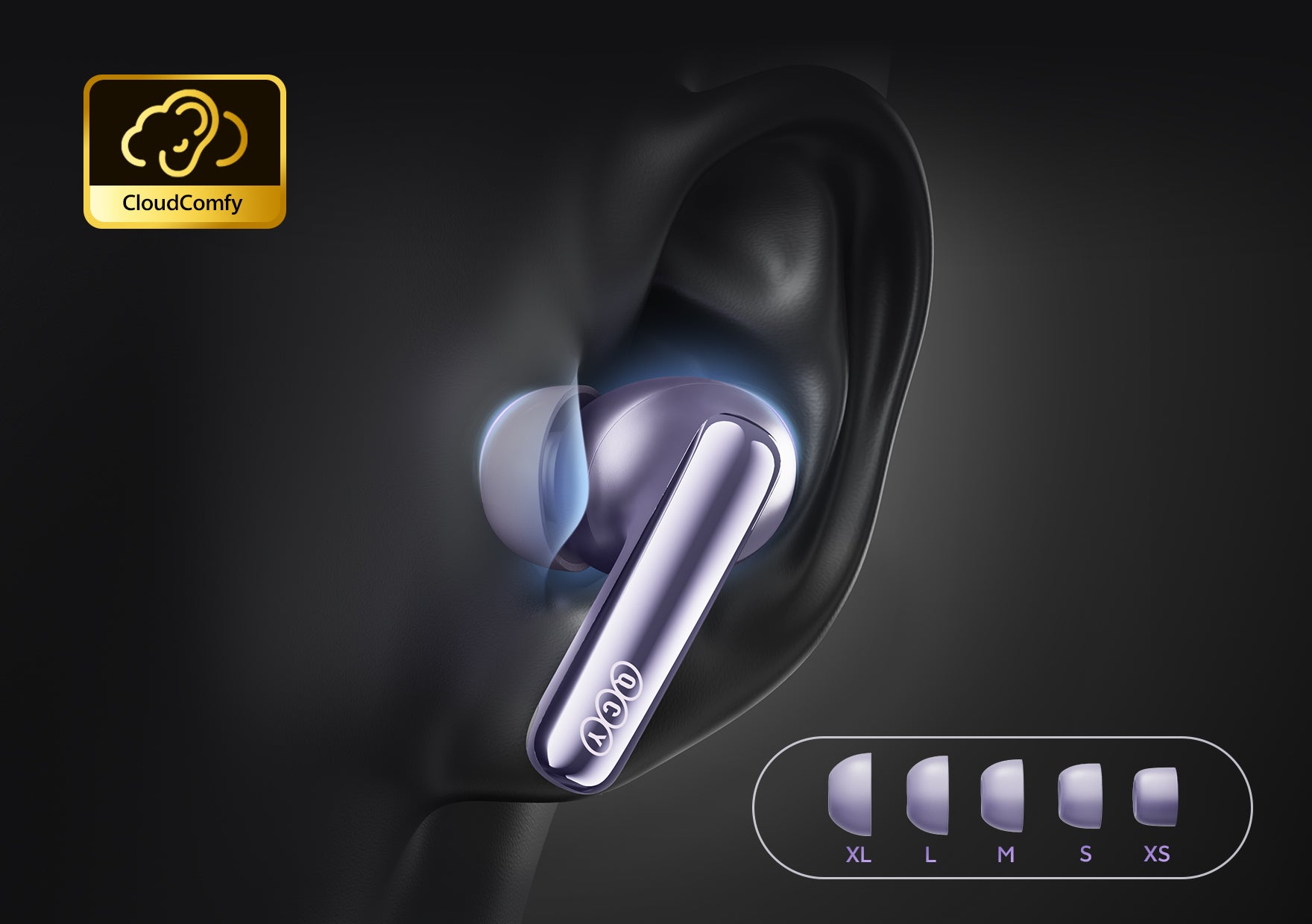 Fone de ouvido QCY com tecnologia CloudComfy e ponteiras de silicone em 5 tamanhos para ajuste confortável e seguro.