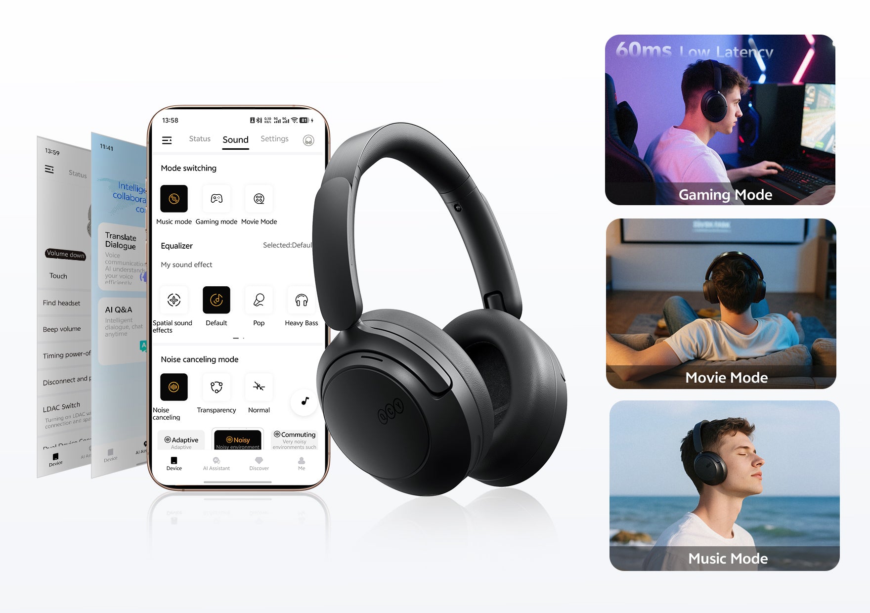 Fones de ouvido com cancelamento de ruído, modo jogo, filme e música. Controle via app com equalizador e modos inteligentes p