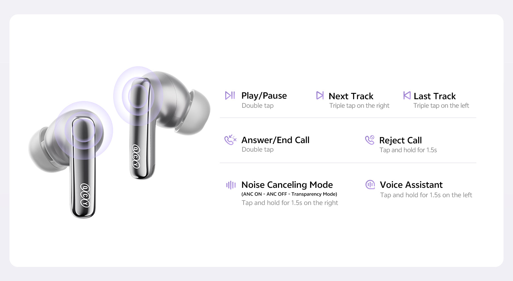 Fone QCY HT05: toque duplo, triplo e segure para controlar música, chamadas, ANC e assistente de voz.