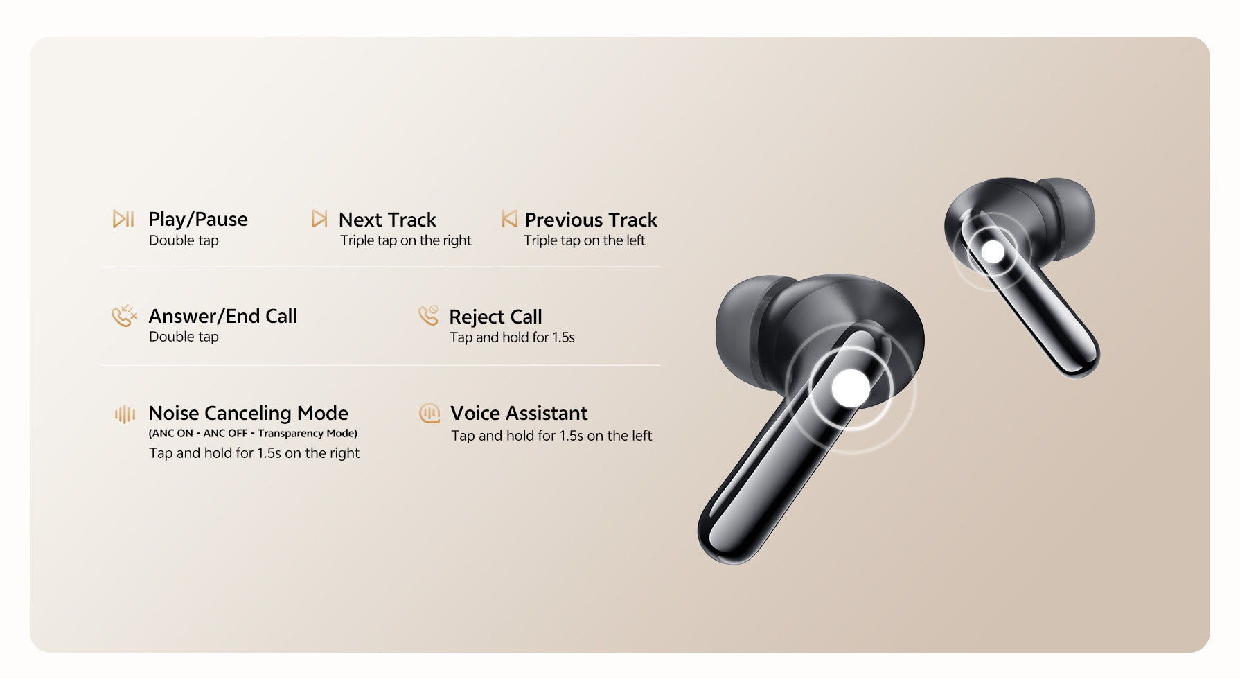 Controle de áudio e chamadas com toques simples nos fones de ouvido sem fio. Play/Pause, Next/Previous Track, Noise Canceling
