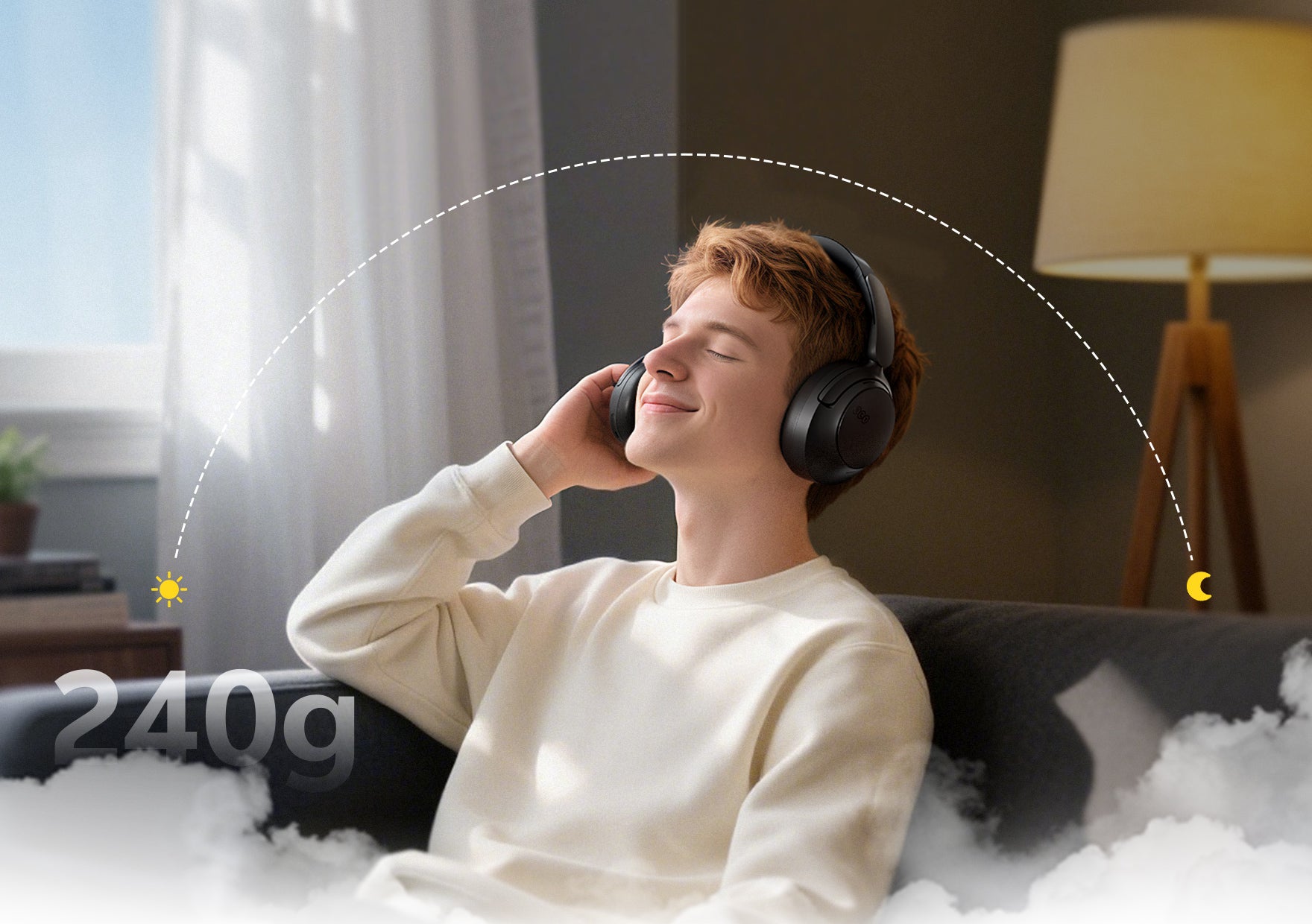 Fones de ouvido sem fio leves, 240g, com cancelamento de ruído e conforto todo dia. Ideal para música e chamadas.