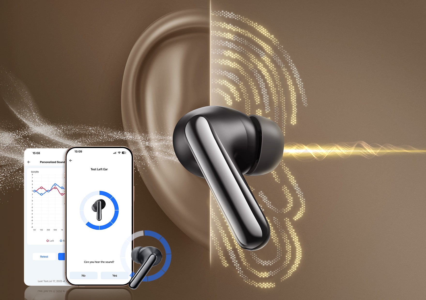 Fone de ouvido com personalização de som via app. Teste auditivo e ajuste preciso. Compre agora!