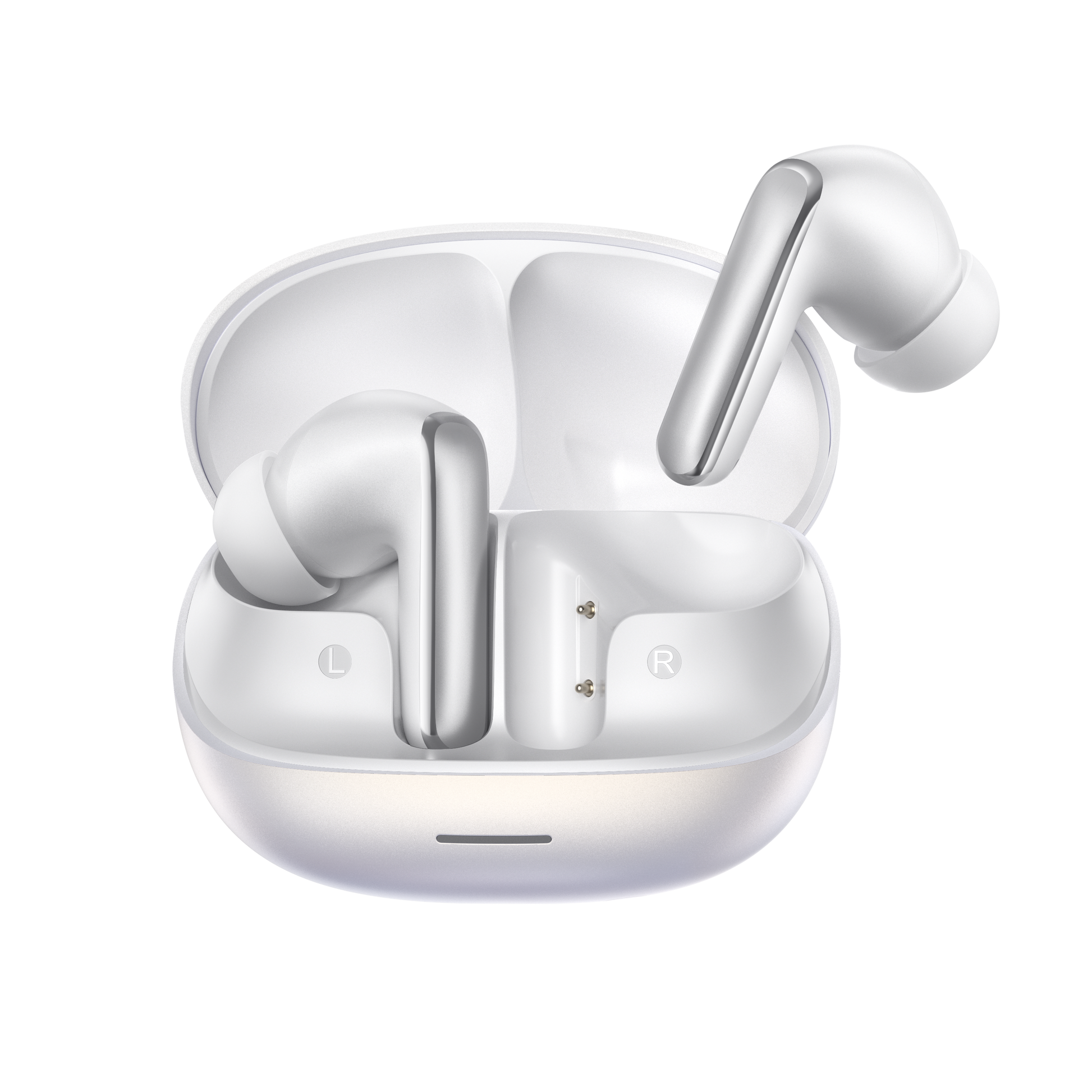 Fone de ouvido QCY MeloBuds N65 branco, com design moderno e carregador elegante.