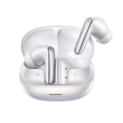 Fone de ouvido QCY MeloBuds N65 branco, com design moderno e carregador elegante.