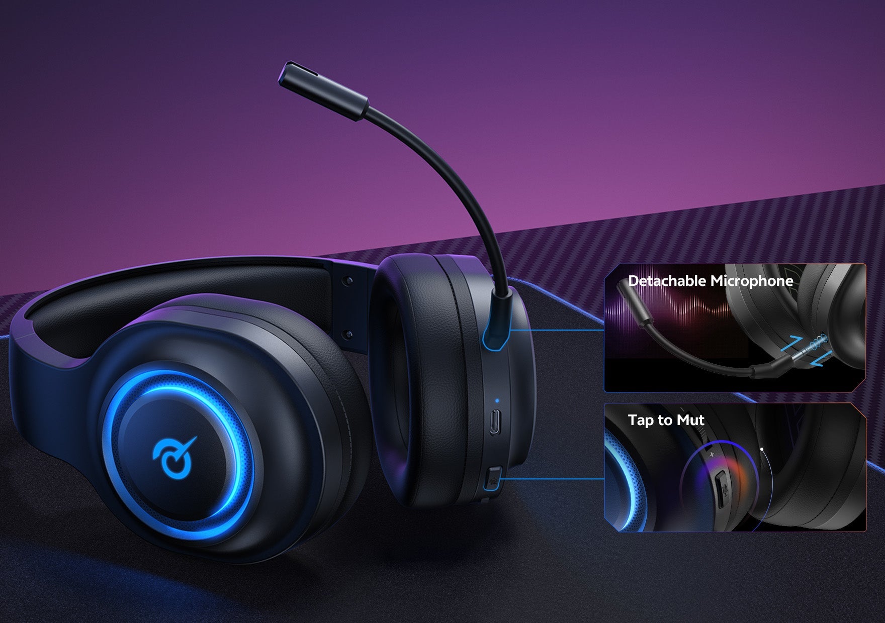 Fone de ouvido gamer com microfone destacável e luz LED azul, ideal para jogos e streaming.