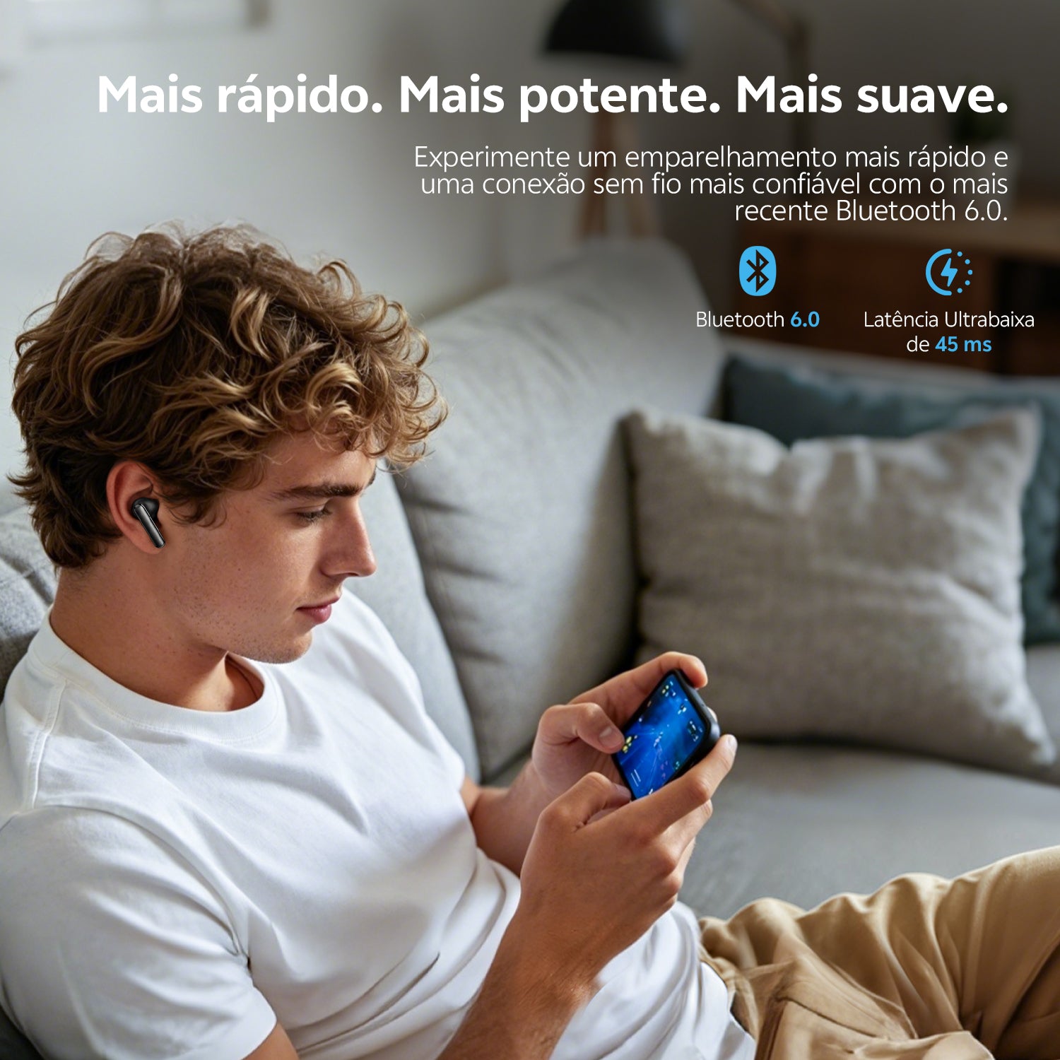 Fones de ouvido com Bluetooth 6.0: conexão rápida, latência ultra baixa de 45 ms. Mais rápido, potente e suave.