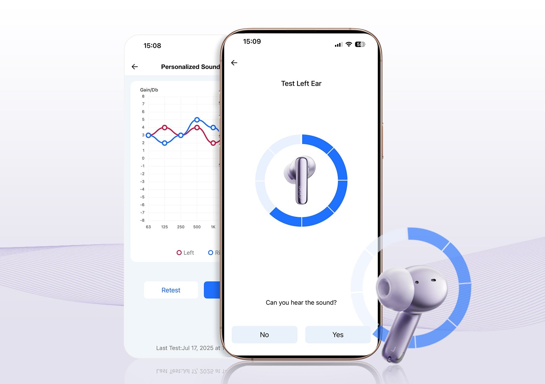 Teste de audição personalizado para fones de ouvido sem fio com app no smartphone.
