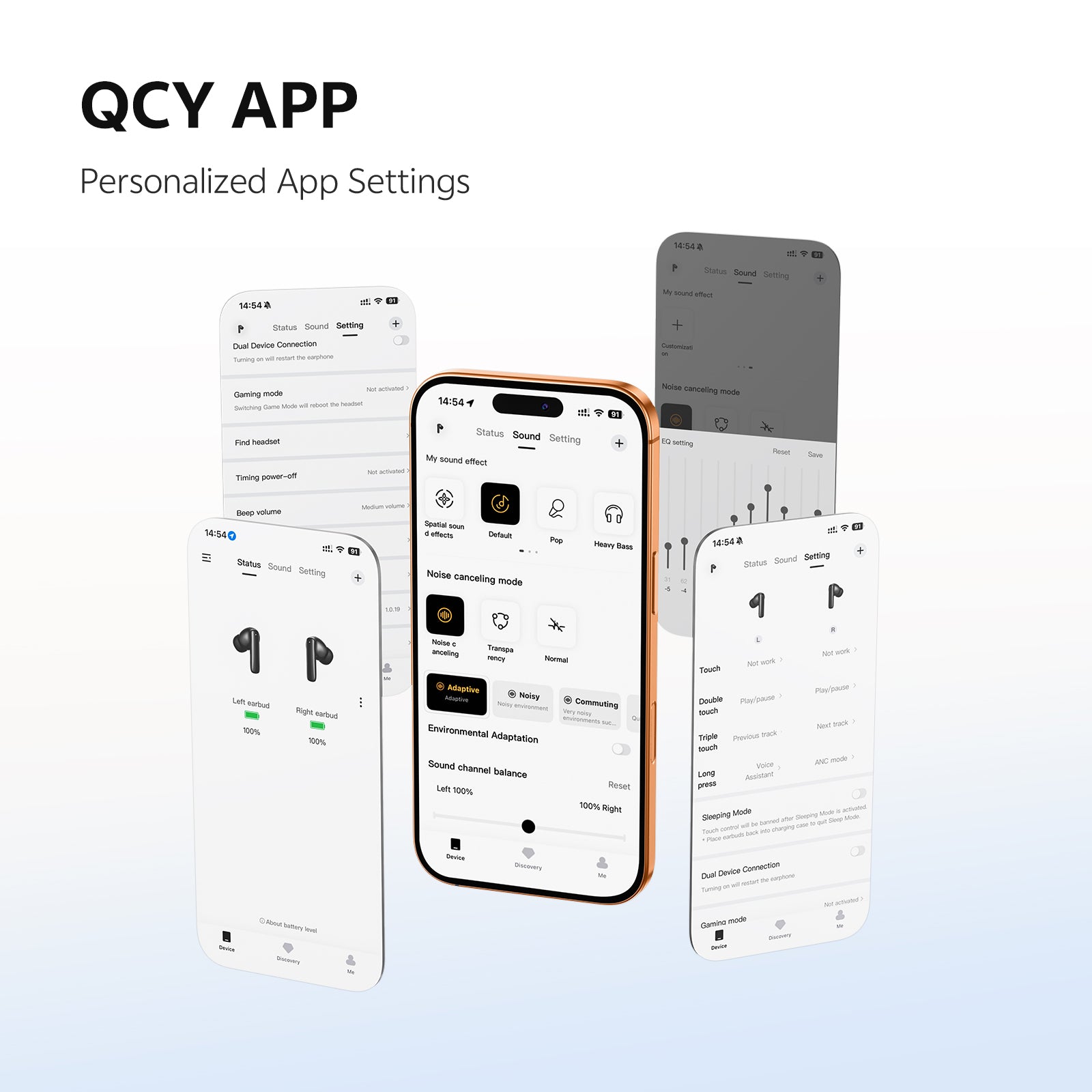 QCY APP: Personalize configurações de som, modo de jogo e cancelamento de ruído para seus fones.