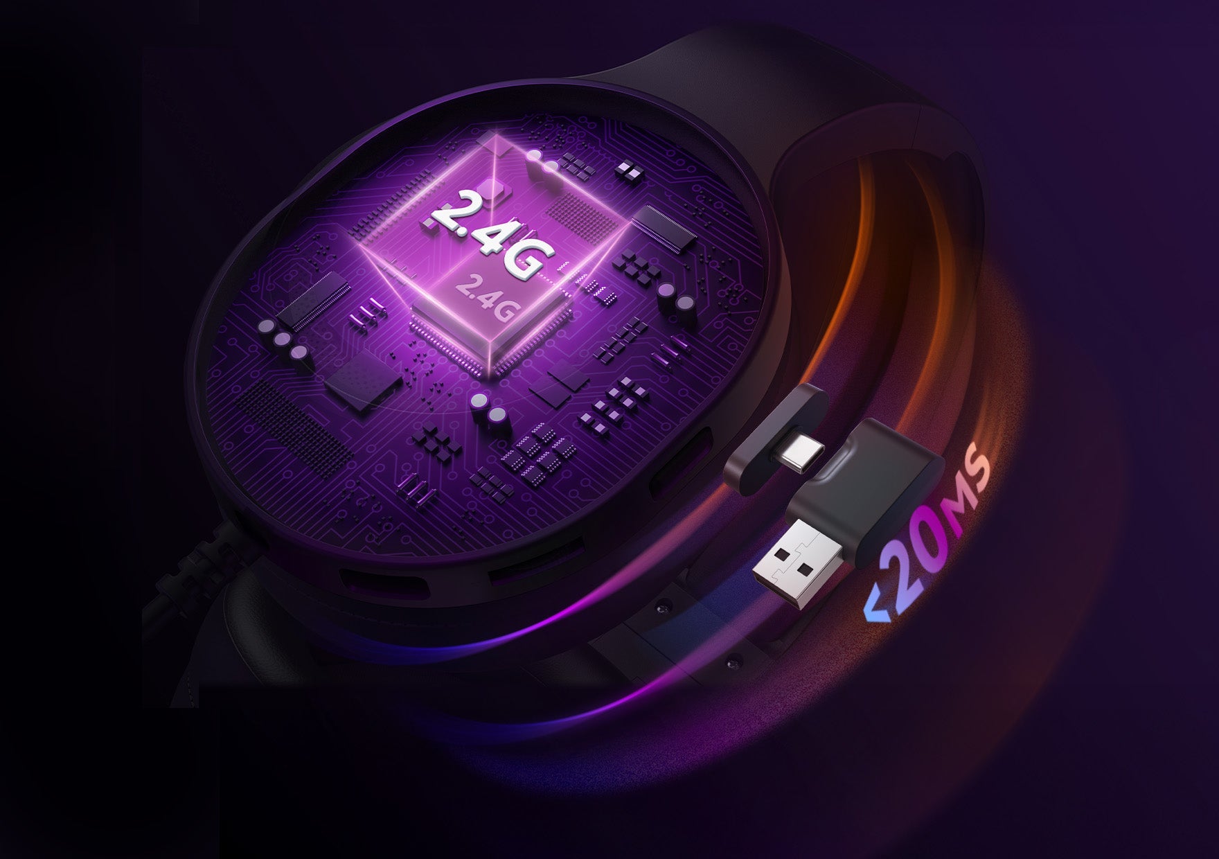 Headset gamer com chip 2.4G e baixa latência <20ms para jogos competitivos, conexão USB-C e design futurista em LED roxo.