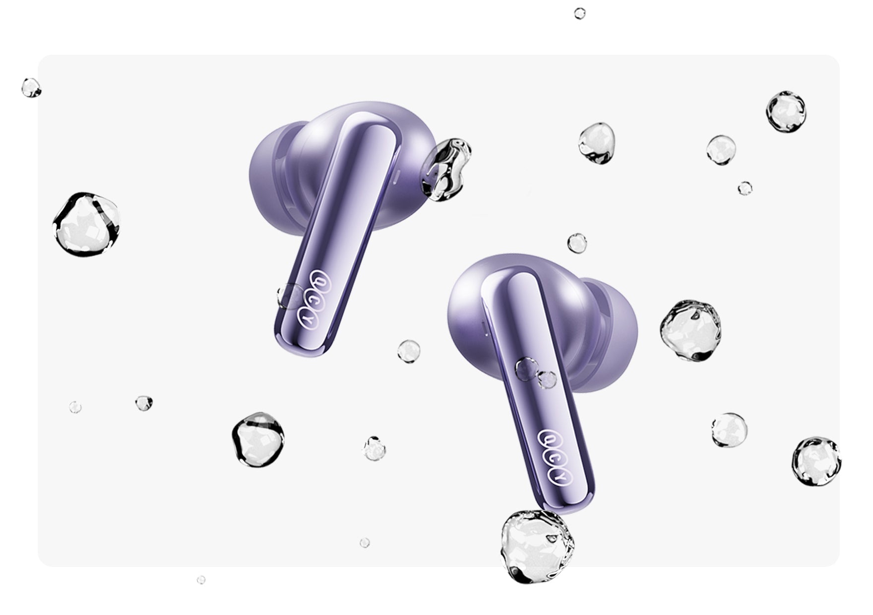 Fone de ouvido sem fio QCY roxo com gotas d'água, design moderno e resistente à água para uso esportivo e diário.