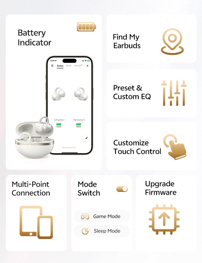 Fones de ouvido sem fio com bateria, EQ personalizável, controle por toque e conexão multiponto.