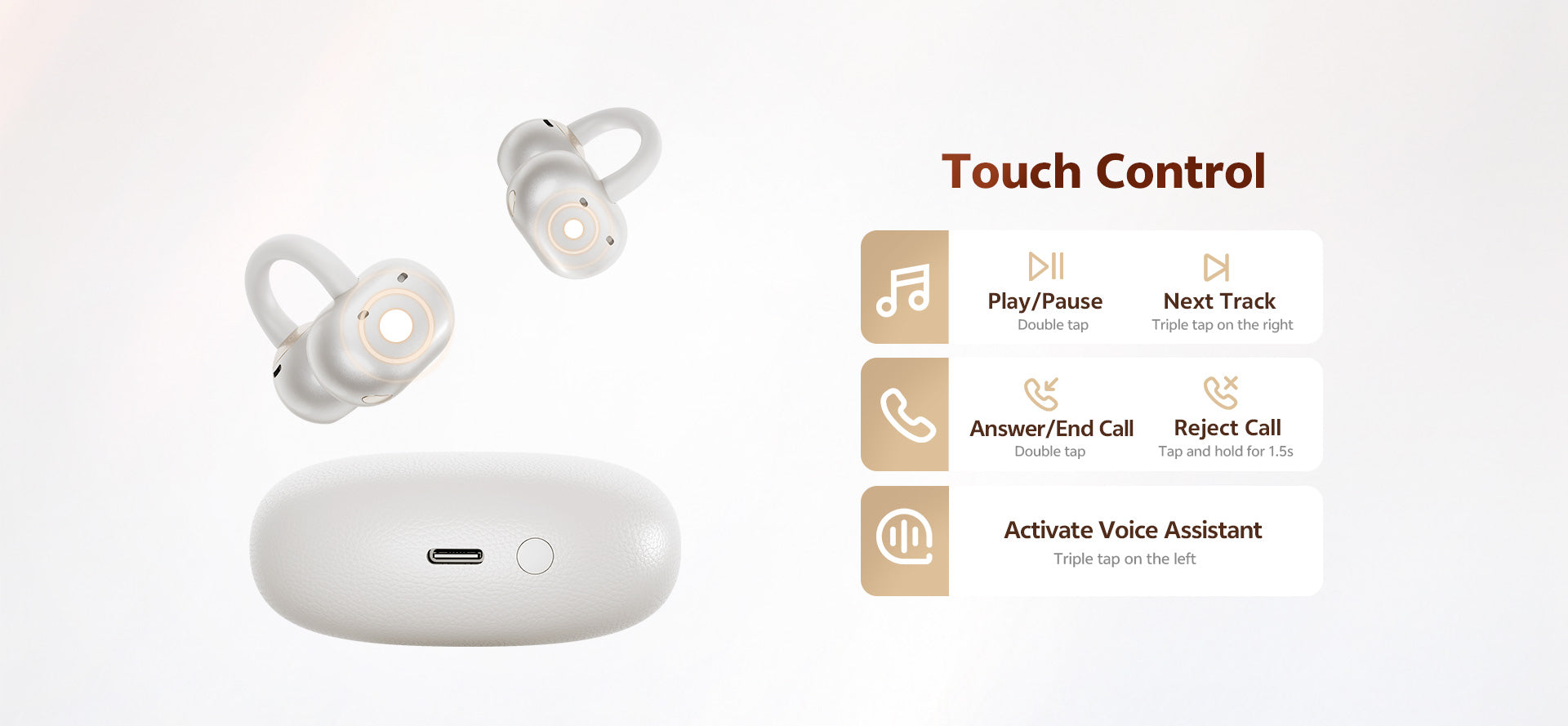 Fones de ouvido sem fio brancos com controle por toque: reproduzir, pausar, atender chamadas e ativar assistente de voz.