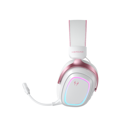 Fone de Ouvido Gamer QCY Heroad GT2 Tri-Mode, Branco e Rosa com RGB.