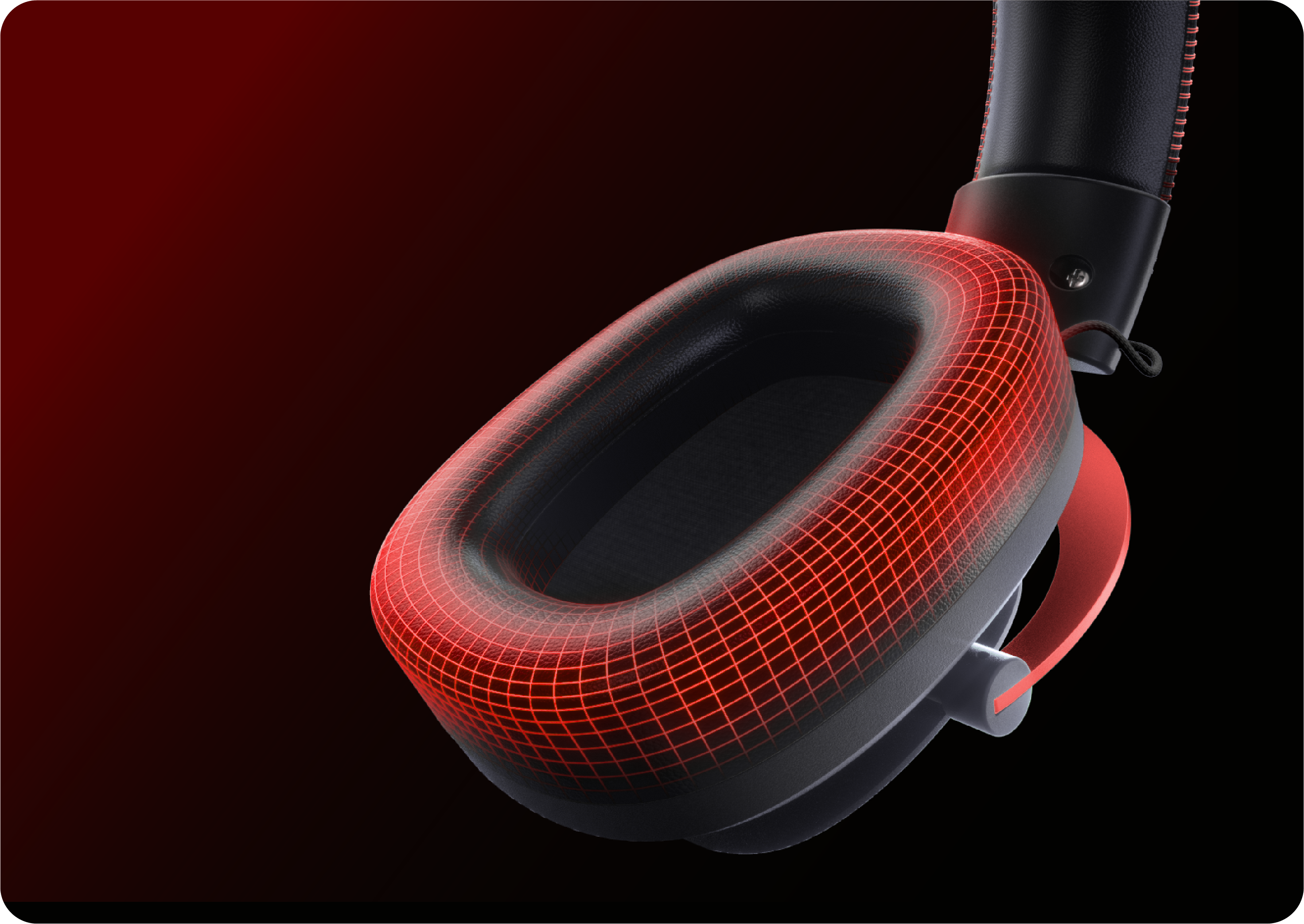 Fone de ouvido com detalhes em vermelho e design moderno, ideal para jogos e áudio imersivo.