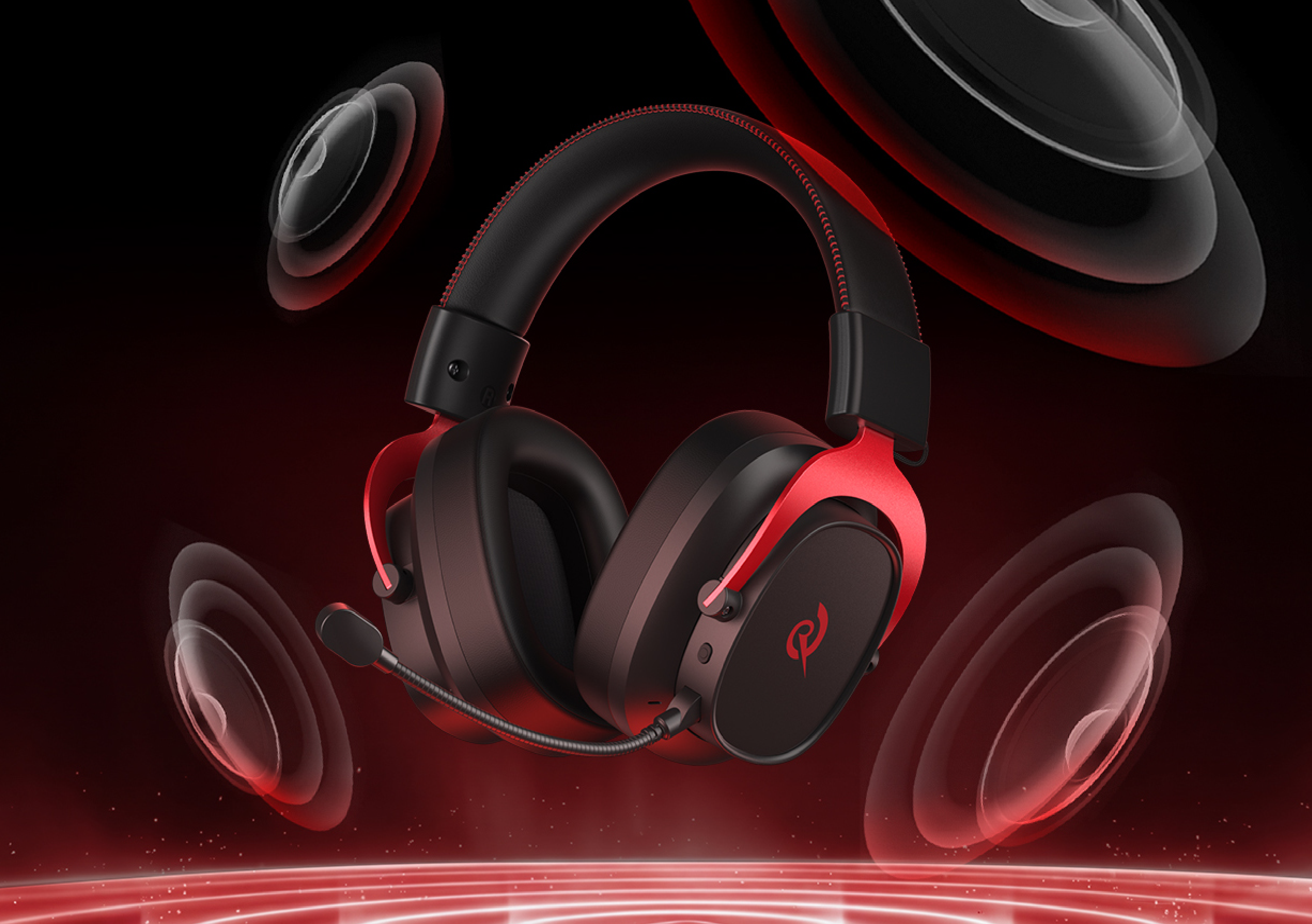 Fone de ouvido gamer com microfone, design vermelho e preto, som envolvente. Ideal para jogos e música.