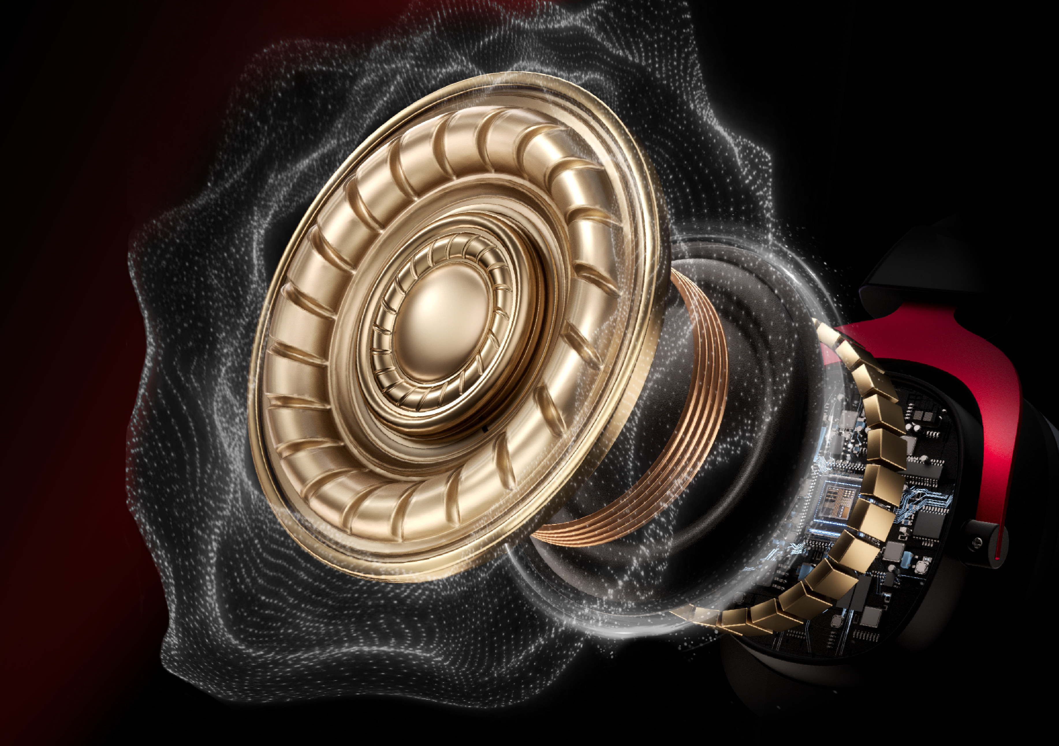 Altamente detalhado, o alto-falante dourado exibe circuitos internos avançados em um design elegante e moderno.