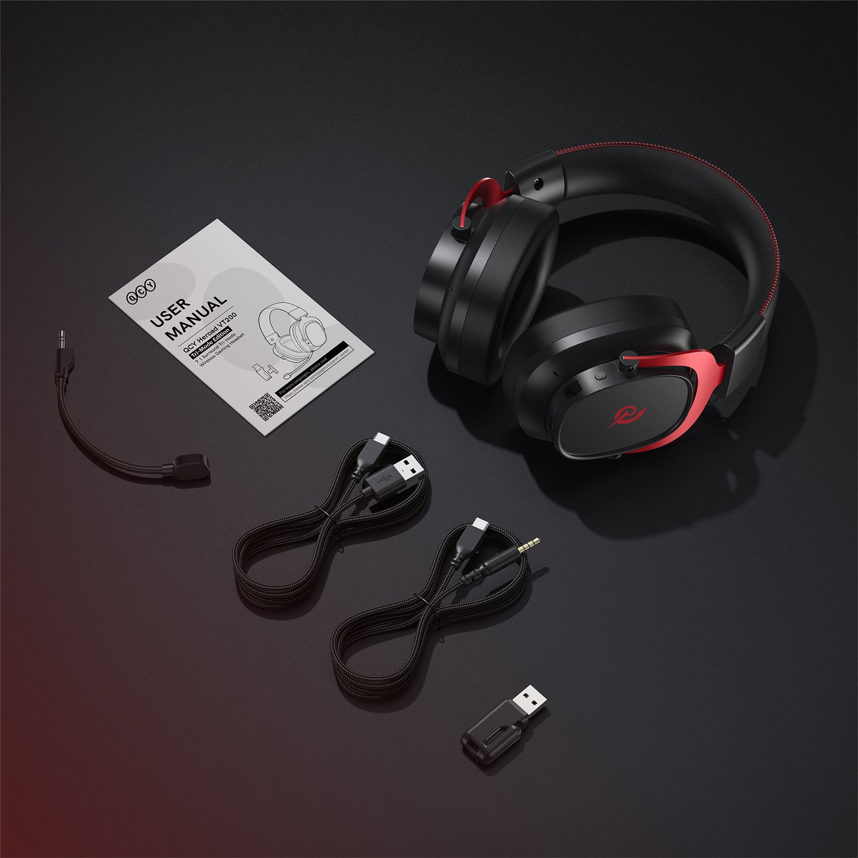 Fone de ouvido gamer com fio e sem fio, incluindo manual e acessórios. Alta qualidade e conforto.