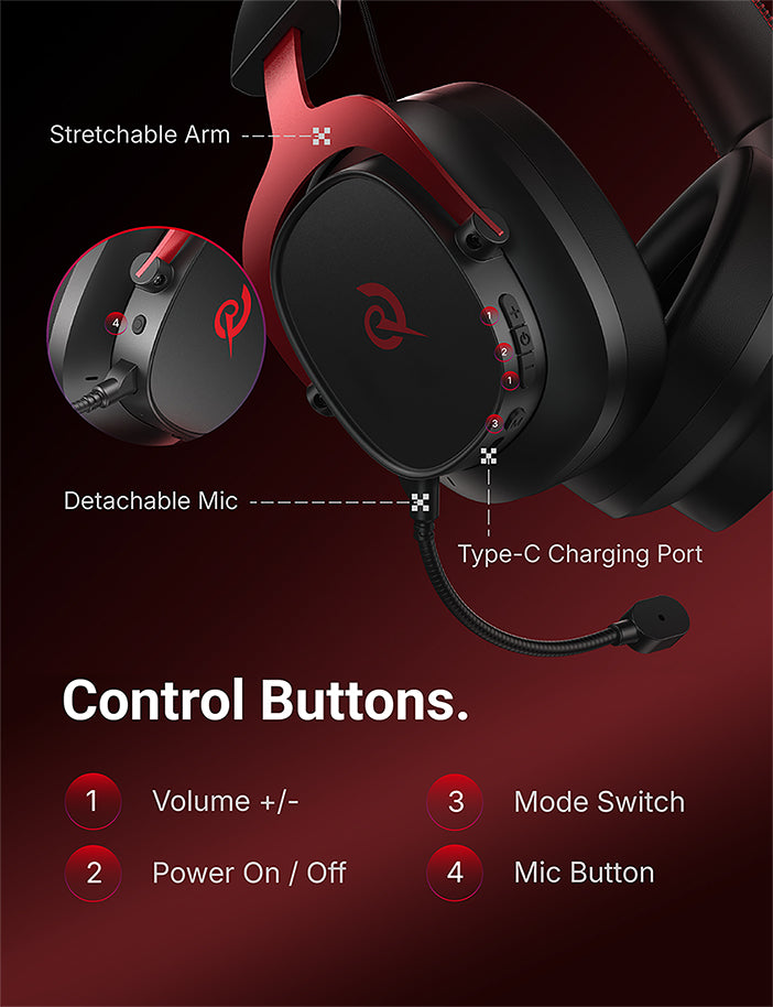 Fone de ouvido com microfone destacável, controle de volume, modo e botão de mic. Porta de carregamento Type-C e braço ajustá