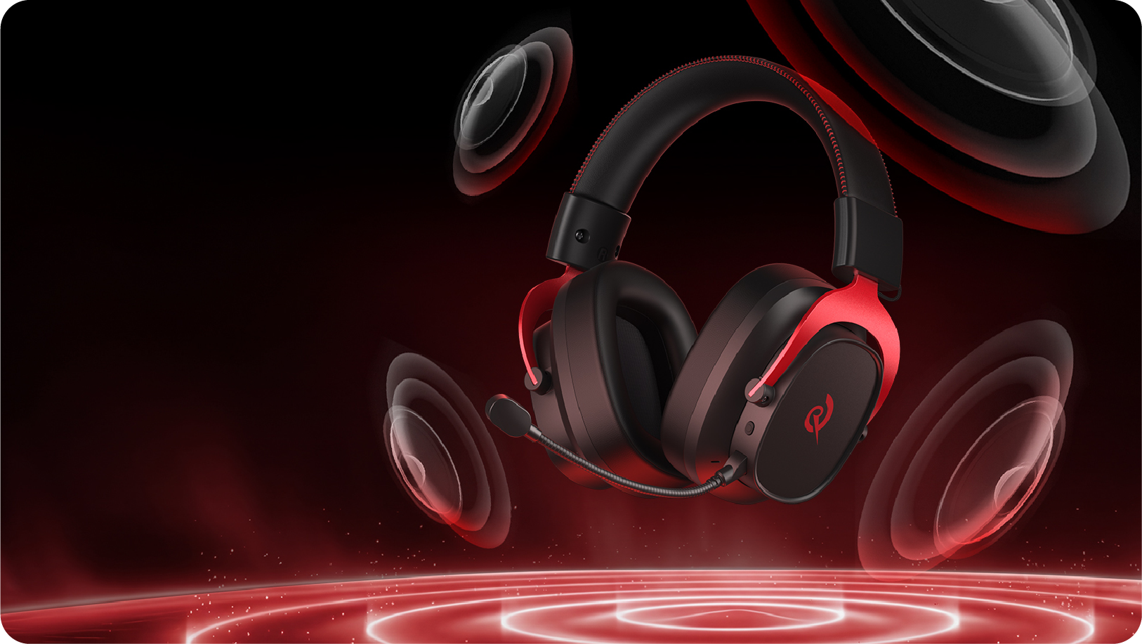 Fone de ouvido gamer com microfone, design preto e vermelho, tecnologia de som envolvente e iluminação LED.