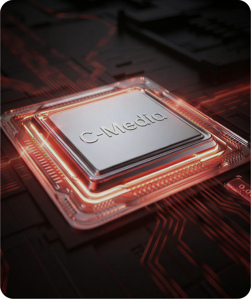 Chip C-Media com design futurista e iluminação vermelha, destacando tecnologia avançada em circuito eletrônico.