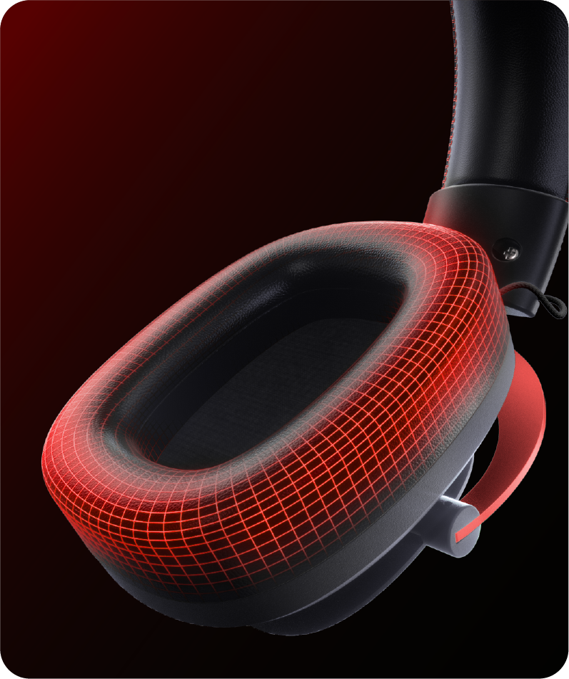 Fone de ouvido com almofadas vermelhas e design moderno, ideal para jogos e música. Alta qualidade e conforto.