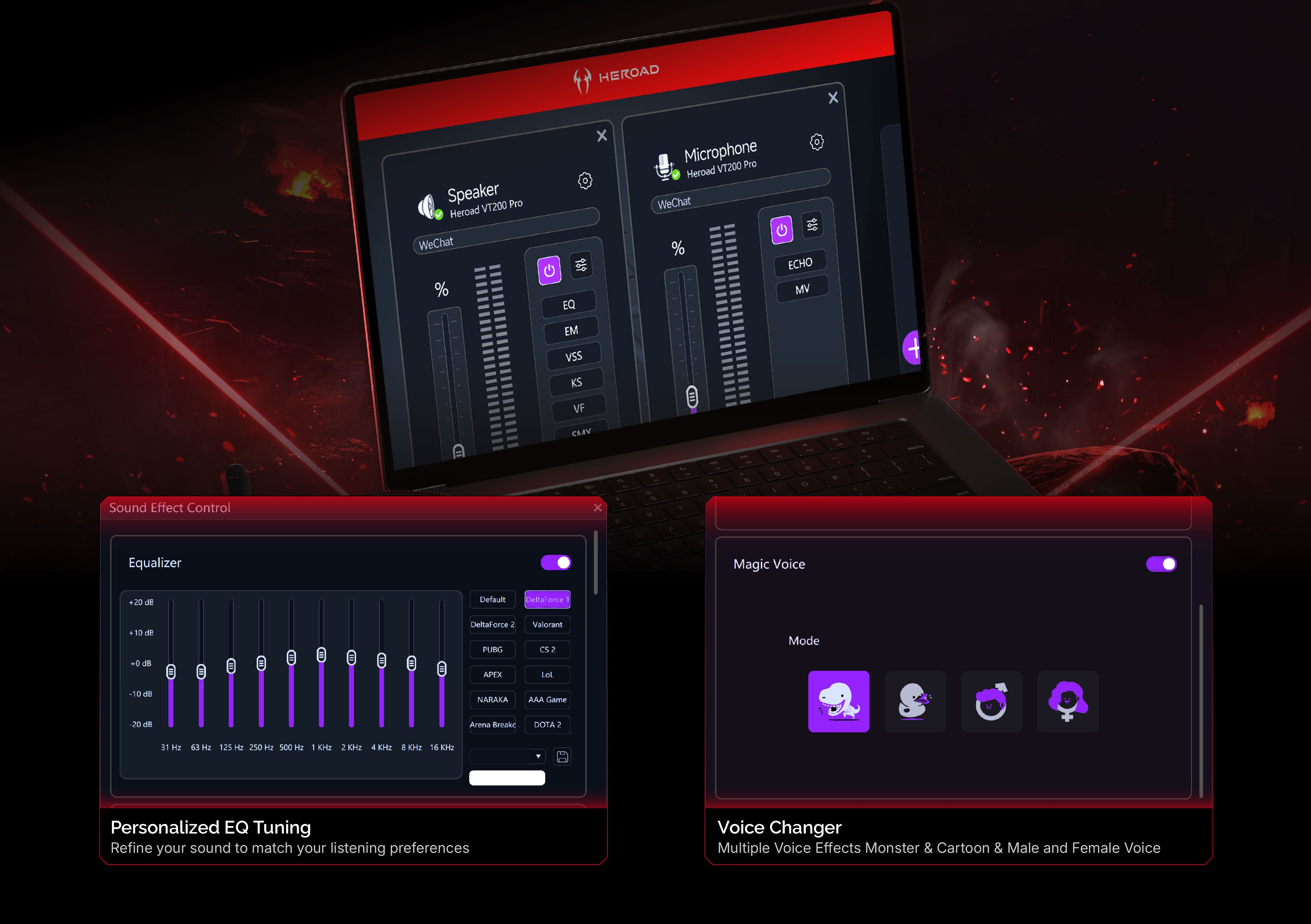 Heroad VT200 Pro: controle de som personalizado e efeitos de voz mágicos para jogos.