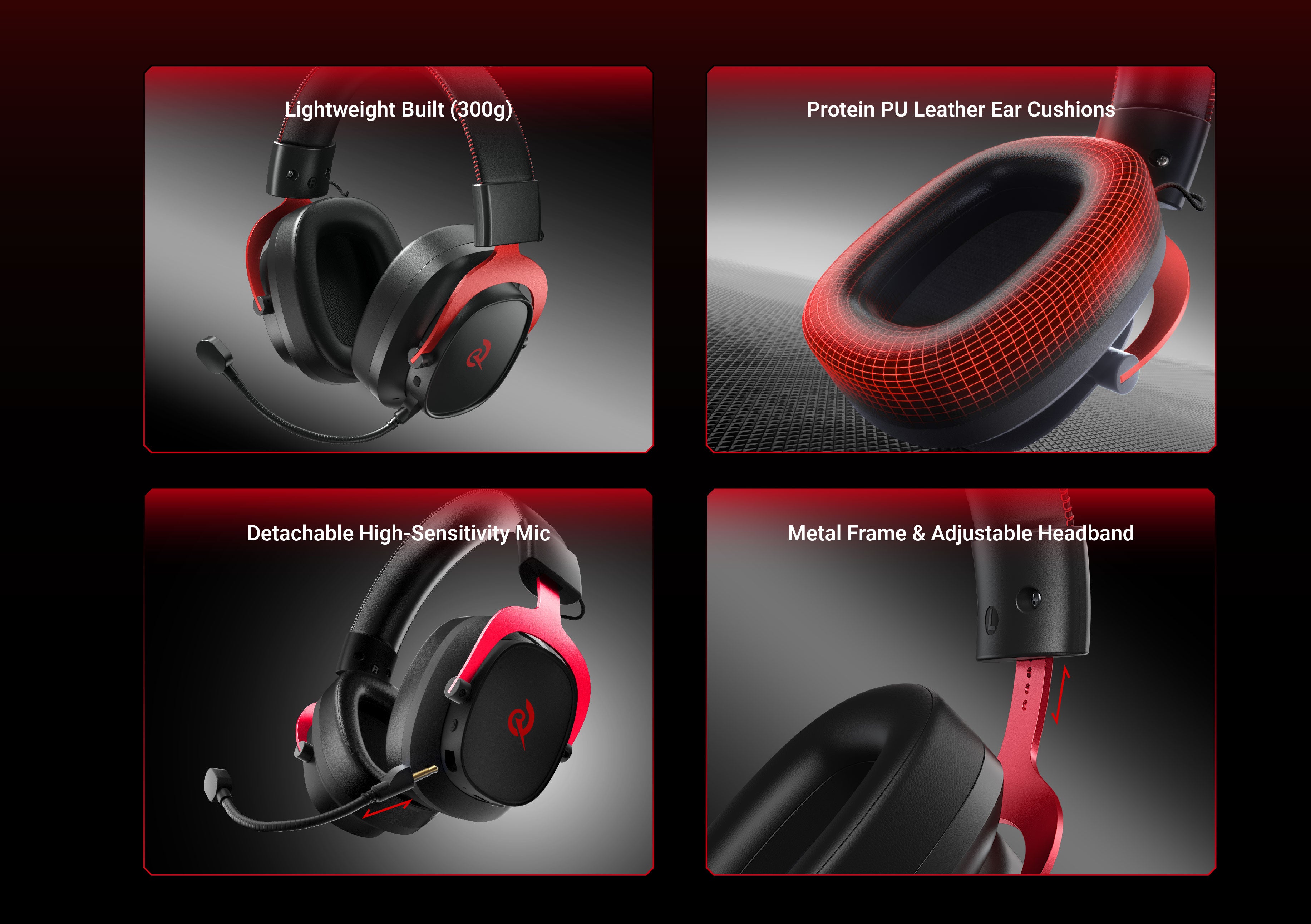 Fone de ouvido gamer leve (300g), com almofadas PU, microfone destacável e armação metálica ajustável.