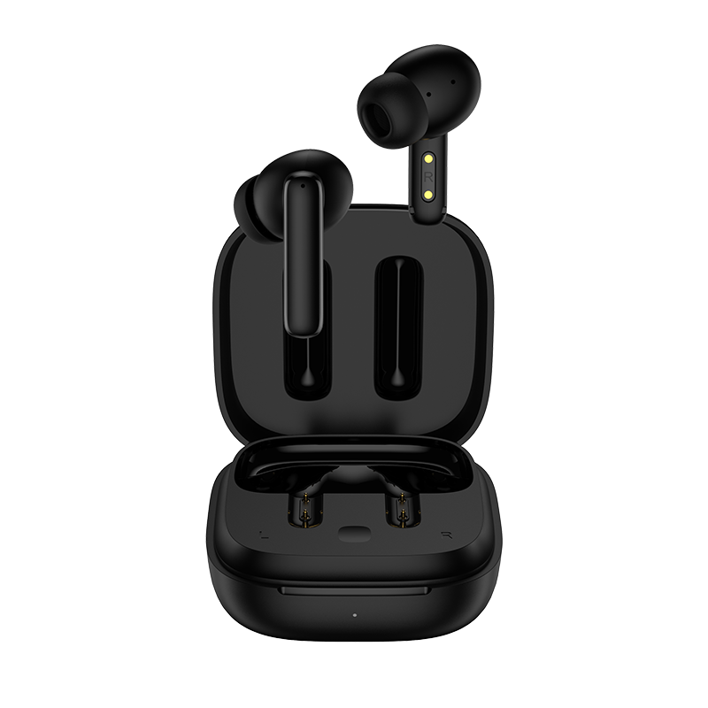 Fones de ouvido sem fio QCY T13 ANC com cancelamento de ruído, na cor preta. Ambos os fones possuem telas independentes e flutuantes, com estojo de carregamento na parte inferior. Design semi-intra-auricular confortável.