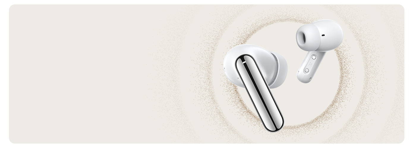 Fone de ouvido wireless branco com design moderno e acabamento metálico, ideal para áudio de alta qualidade.
