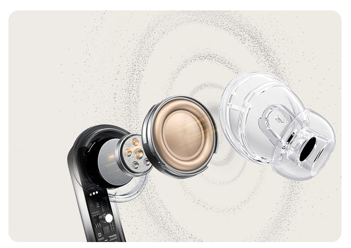 Fone de ouvido com detalhes internos visíveis, destacando tecnologia avançada e design moderno.