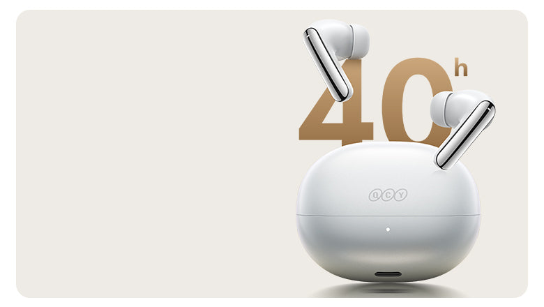 Fones de ouvido sem fio com estojo de carregamento, até 40 horas de autonomia. Design moderno e elegante em branco.
