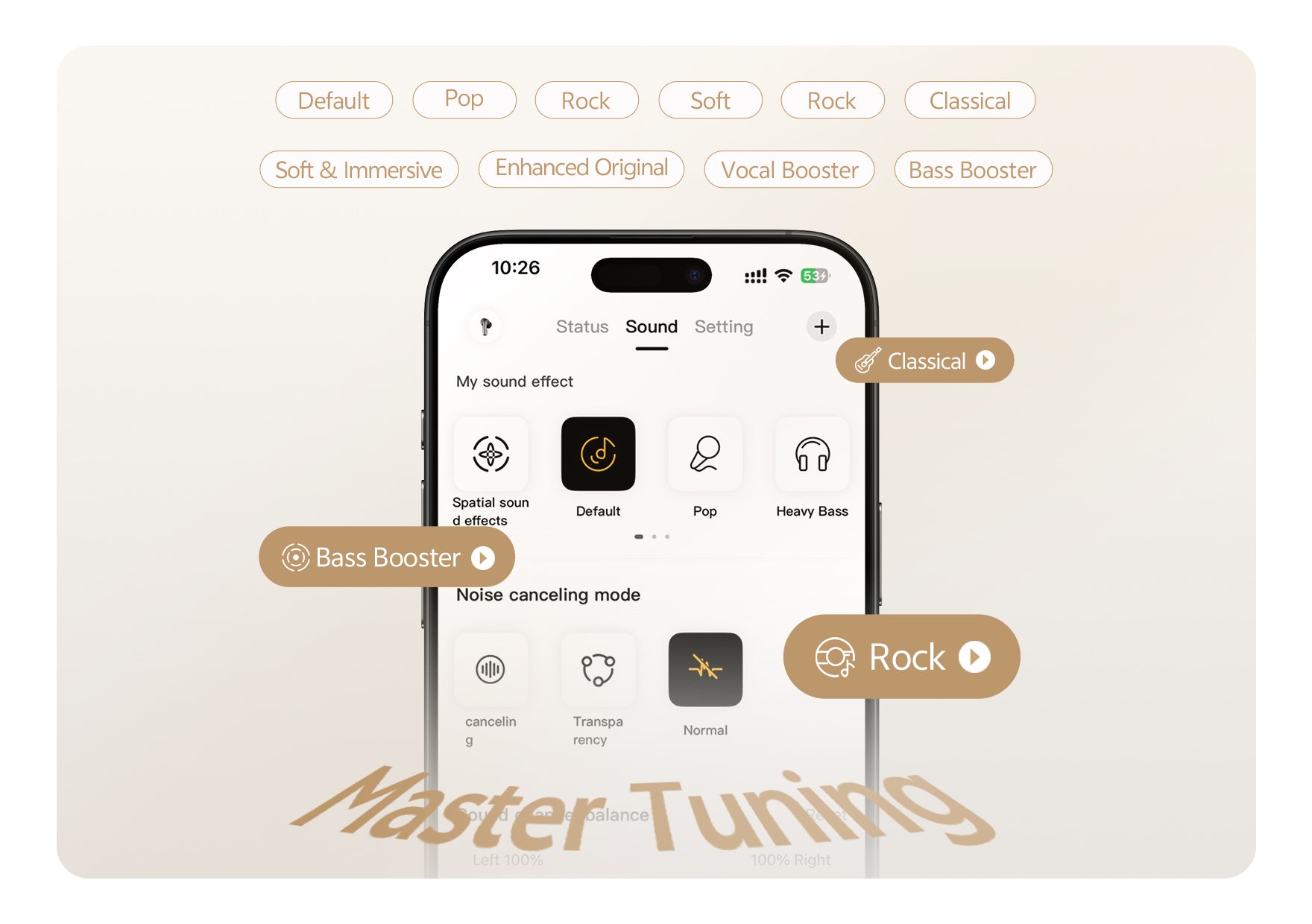 Master Tuning: Personalize seu som com modos como Rock, Bass Booster e Classical. Experiência auditiva única!