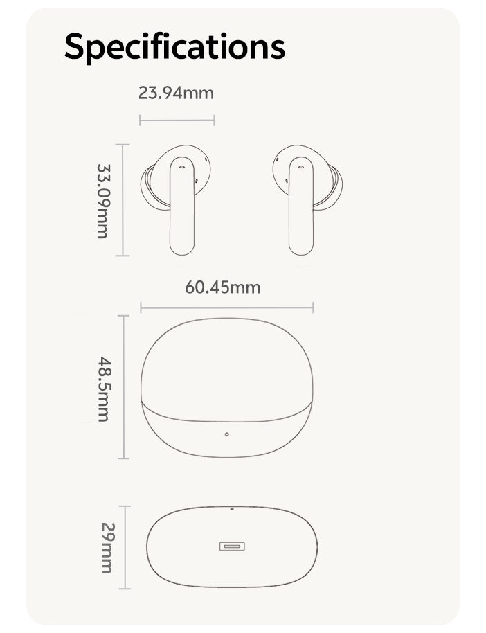 Especificações dos fones de ouvido: 23,94mm x 33,09mm (fones) e 60,45mm x 48,5mm x 29mm (caixa).