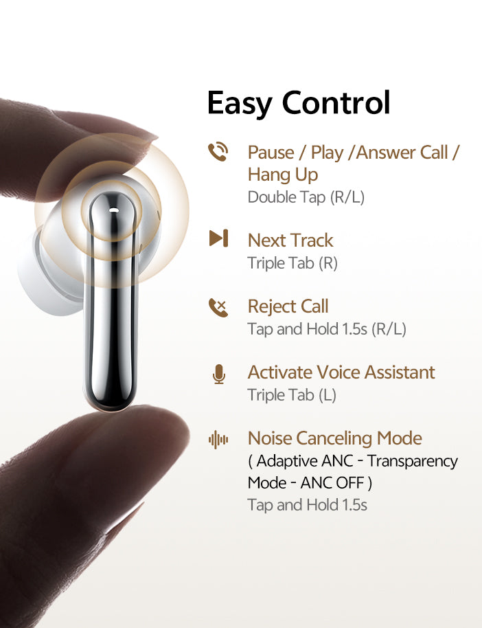 Controle fácil: toque duplo para pausar/ligar, trinca para próxima faixa, rejeitar chamada e ativar assistente de voz.