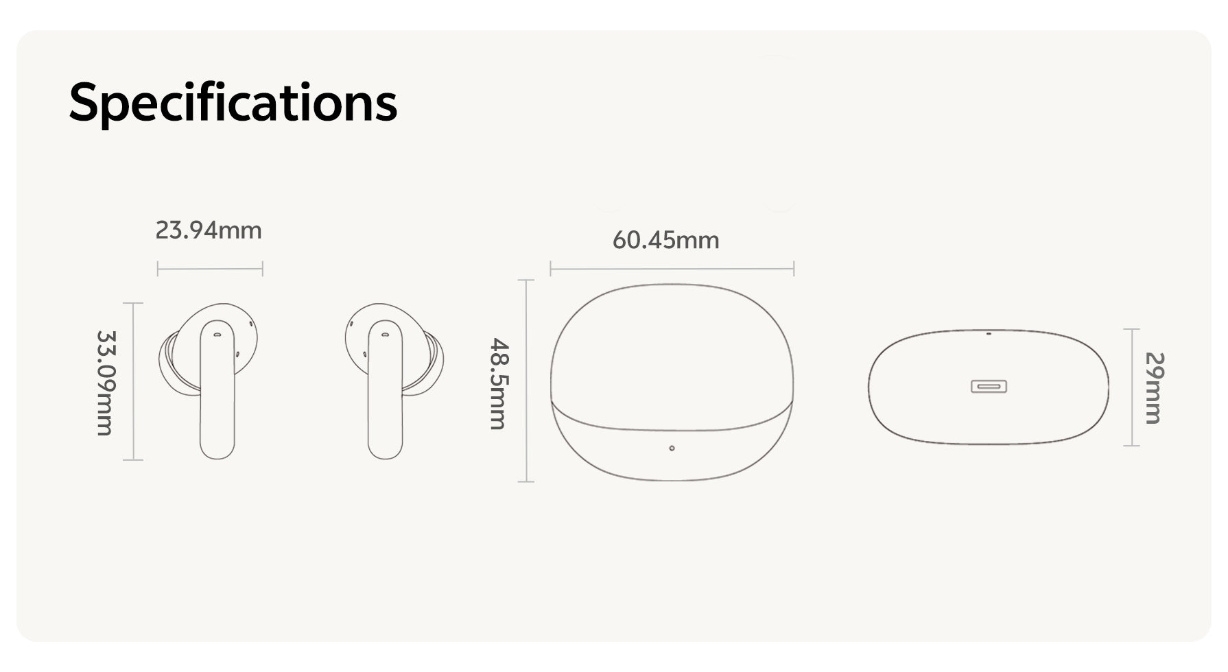 Especificações detalhadas de fones de ouvido sem fio: 23,94mm x 33,09mm e estojo 60,45mm x 29mm.