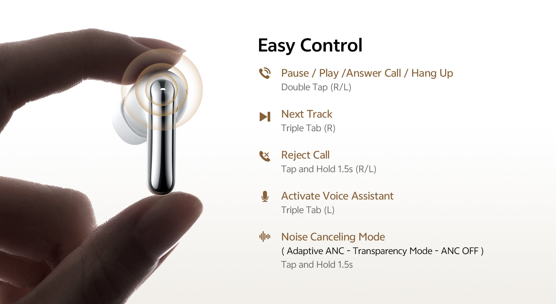 Controle fácil: toque para pausar, tocar, atender ou recusar chamadas. Ative o assistente de voz e modo de cancelamento de ru