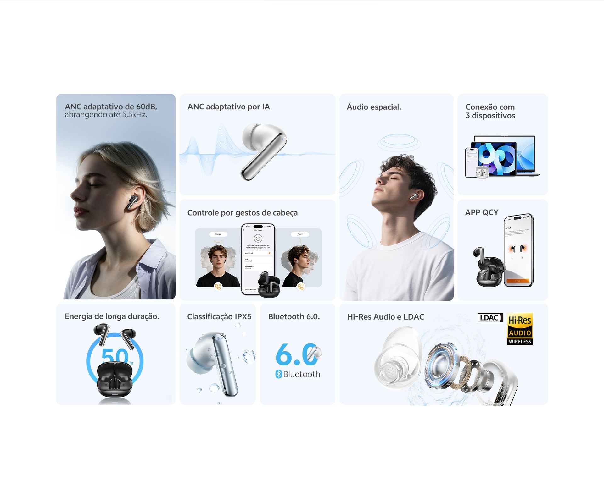 Fones de ouvido com ANC adaptativo, áudio espacial, Bluetooth 6.0 e até 50h de energia. Tecnologia LDAC e app QCY para contro