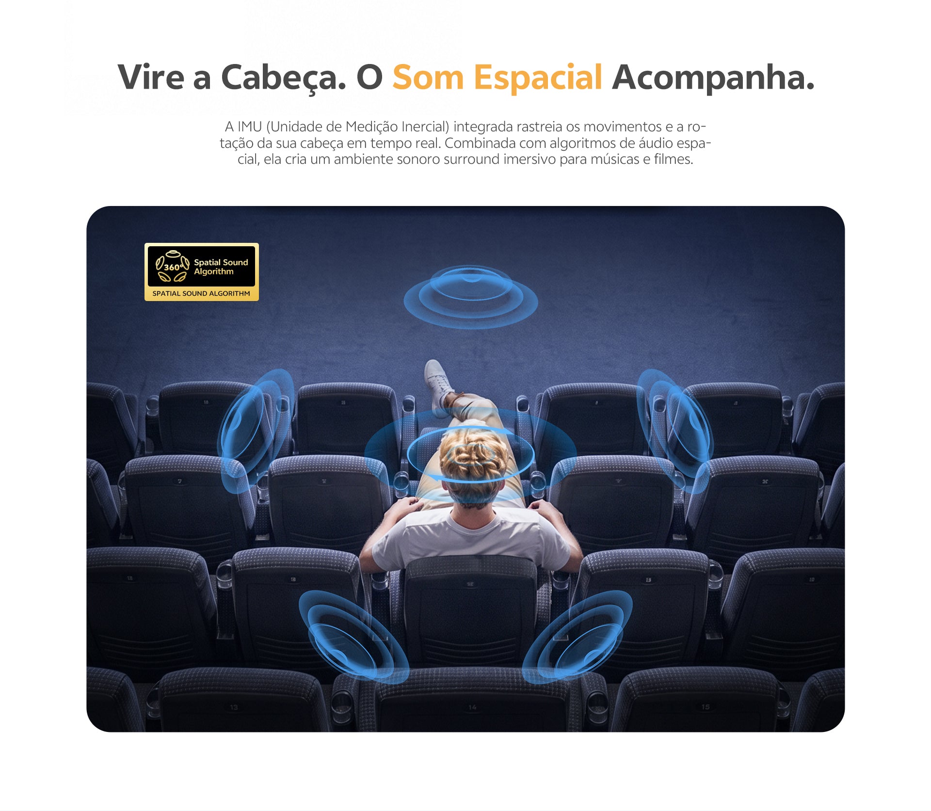 Fone com som espacial 360°: acompanha seus movimentos e cria experiência imersiva em filmes e músicas.
